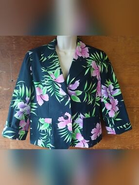  Rafaella Black Floral Tropical Print Blazer - Size 10 - Excellent Condition